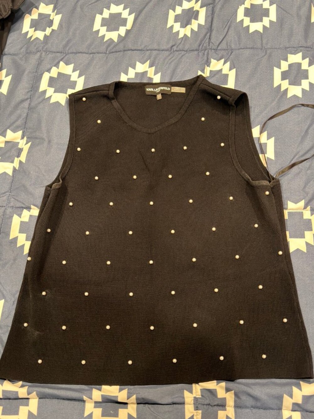 Karl Lagerfeld Paris Black Pearl-Embellished Sleeveless Top – Size L, NEW